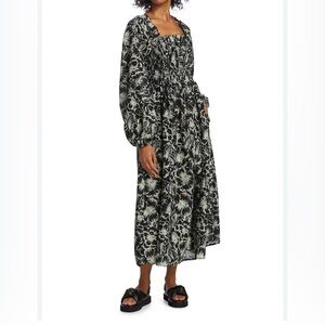 Mille Resort & Travel Catherine Maxi Dress In Black Hibiscus Size XS Long Sleeve